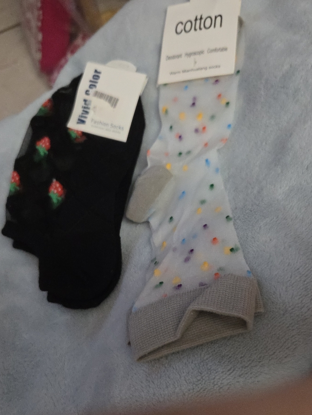 Cotton Polka Dot Sheer Socks - Gray Trim And Blaxk With Strawberrys NWOT